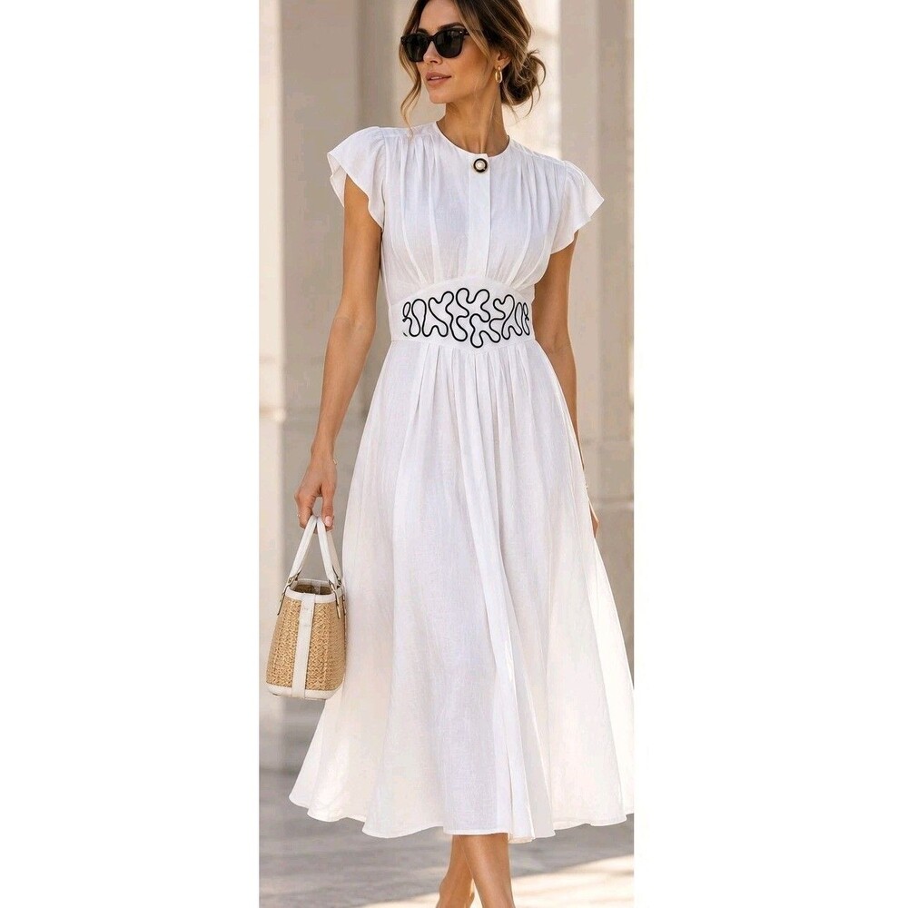 Nina Piccaluno White Midi Dress Size 7 Black Embroidered Waist Made USA